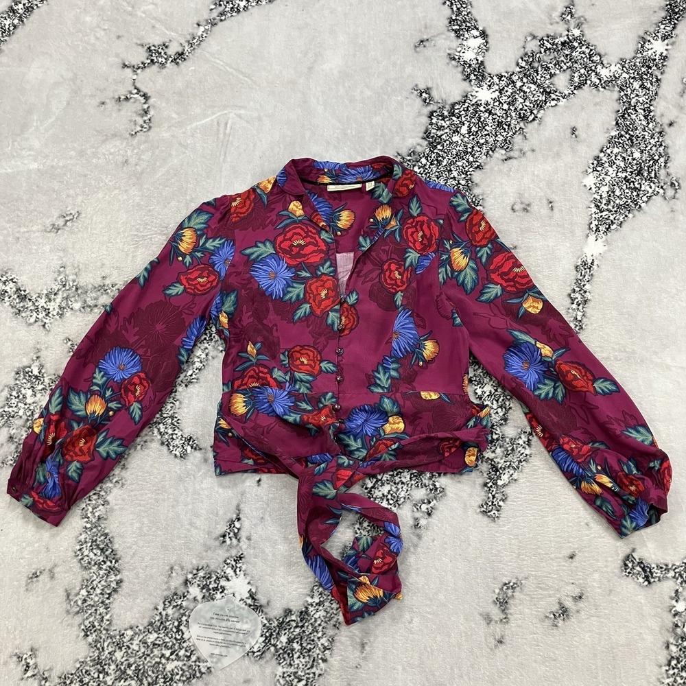 Anthropologie Moulinette Soeurs Floral Tie Front Blouse Womens Size 6 Boho Crop